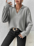 Women's Solid Color V Neck Striped Texture Long Sleeve Shirt