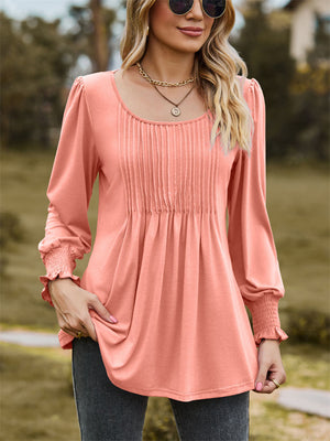 Scoop Neck Pleated Lantern Sleeve Slim Fit Shirt for Women