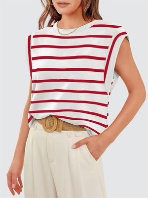 Leisure Round Neck Sleeveless Stripe Shirt for Women