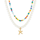 Women's Colorful Beads Faux White Pearl Starfish Pendant Necklaces