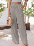 Women's Leisure Elastic Waist Straight-Leg Pants with Pocket