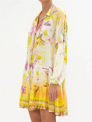 Women's Lapel Long Sleeve Floral Chiffon Dress