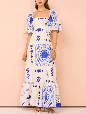 Women's Flower Printed Square Neck Lantern Sleeve Dresses