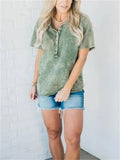 Leisure Washed Effect Buttoned Neck T-shirt for Women