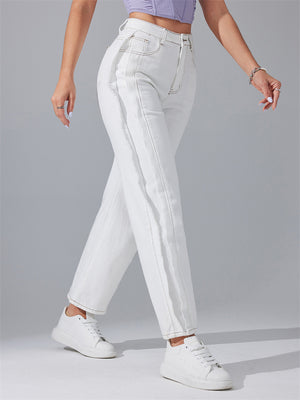 Women's Fashionable High Waist White Simple Straight-Leg Jeans