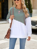 Stripe & Solid Color Round Neck Loose Sweatshirt for Female