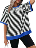 Contrast Color Stripes Round Neck Sports T-shirts for Women