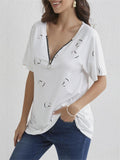 Zip V Neck Heart-Shaped Print Short Sleeve Shirt for Women