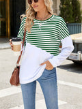 Stripe & Solid Color Round Neck Loose Sweatshirt for Female