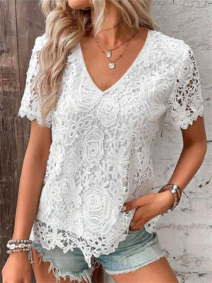 Women's Sweet Rose Lace Hollow Out V Neck Short Sleeve Tops