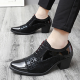 Male Square Check Pattern Mid Cuban Heel Dress Shoes