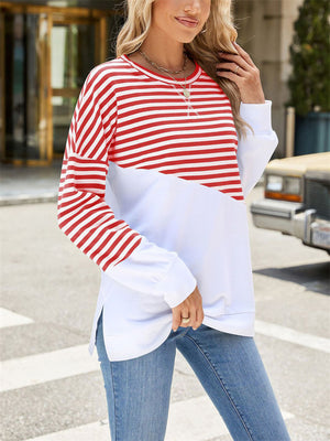 Stripe & Solid Color Round Neck Loose Sweatshirt for Female