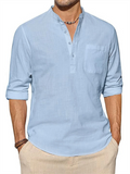 Men's Cotton Linen Button Henley Shirts with Pocket