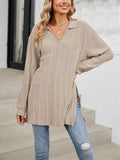 V Neck Striped Texture Side Split Fitted Shirt for Women