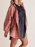 Women's Button Up Lantern Sleeve Fringed Plaid Blouse