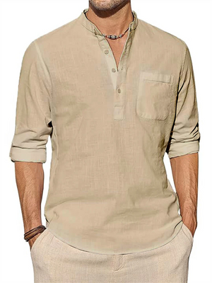 Men's Cotton Linen Button Henley Shirts with Pocket