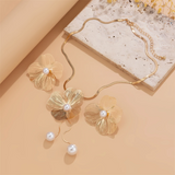 Flower Petal Faux Pearl Pendant Necklace Stud Earrings Set