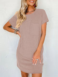 Summer Casual Round Neck Chest Pocket Mini Striped Dress for Lady