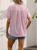 Leisure V Neck Stripe Patchwork Design Short Sleeve Shirt for Women