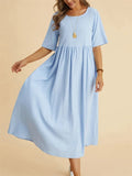 Women's Cozy Cotton Linen Crew Neck Half Sleeve Pleated Dress