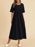 Women's Cozy Cotton Linen Crew Neck Half Sleeve Pleated Dress