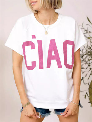 Female "CIAO" Letter Printed Round Neck T-shirt