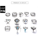 Women's 13Pcs/Set Blue Crystal Silver Hollow Flower Crown Rings