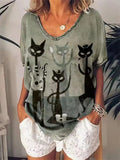 Women's Cartoon Cat Print V Neck Casual T-shirts