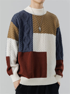 Men's Color Block Patchwork Round Neck Warm Knitted Sweater