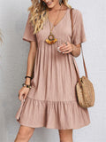 Women's Summer Short Sleeve V Neck Pleated Mini Dress