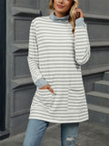 Autumn Slim Fit Long Sleeve High Collar Stripe Shirt for Women