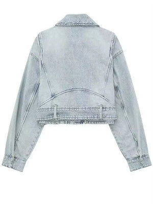 Light Blue Vintage Lapel Zipper Denim Jacket for Women