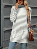 Autumn Slim Fit Long Sleeve High Collar Stripe Shirt for Women