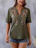 Floral Embroidered Spliced Lace Women's V-Neck T-shirt