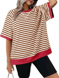 Contrast Color Stripes Round Neck Sports T-shirts for Women