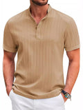 Simple Retro Striped Texture Short Sleeve Henley Shirt for Men