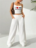 Female Textured Wrinkle Fabric White Drawstring Pants