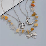 3Pcs/Set Dragonfly Irregular Stone & Mini Tree & Moon Pendant Necklaces