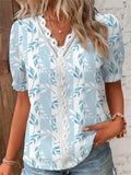 Female V-Neck Lace Splicing Printed Puff Sleeve Blouse