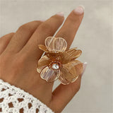 Hollow Petal Rhinestone Flower French Rings for Lady