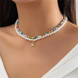 Women's Colorful Beads Faux White Pearl Starfish Pendant Necklaces