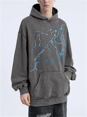 Couples Hip Hop Washed Lightning Graphic Hoodies