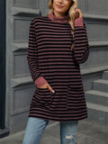 Autumn Slim Fit Long Sleeve High Collar Stripe Shirt for Women