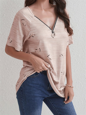 Zip V Neck Heart-Shaped Print Short Sleeve Shirt for Women