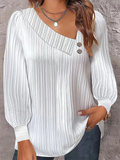 Ladies Skew Collar Button Trim Lantern Sleeve T-shirts