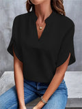 Female Simple Elegant V Neck Split Short Sleeve Shirt