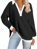 Ladies V Neck Contrast Color Oversized Long Sleeve Hoodies