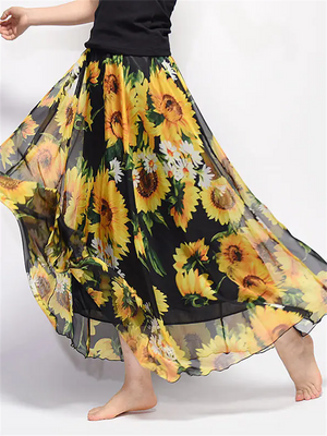 Ladies Flowy Chinese Landscape Floral Print Skirts