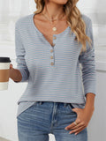 Female Stylish Round Neck Striped Button T-Shirt