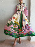 French Print Puff Sleeve Vintage Pleated Flowy Dress for Ladies